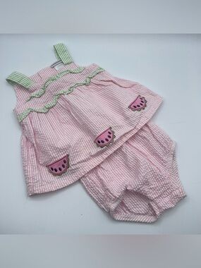 Vintage baby girls pink WaterMelon stripped dress & Bloomers set size 6-9 months